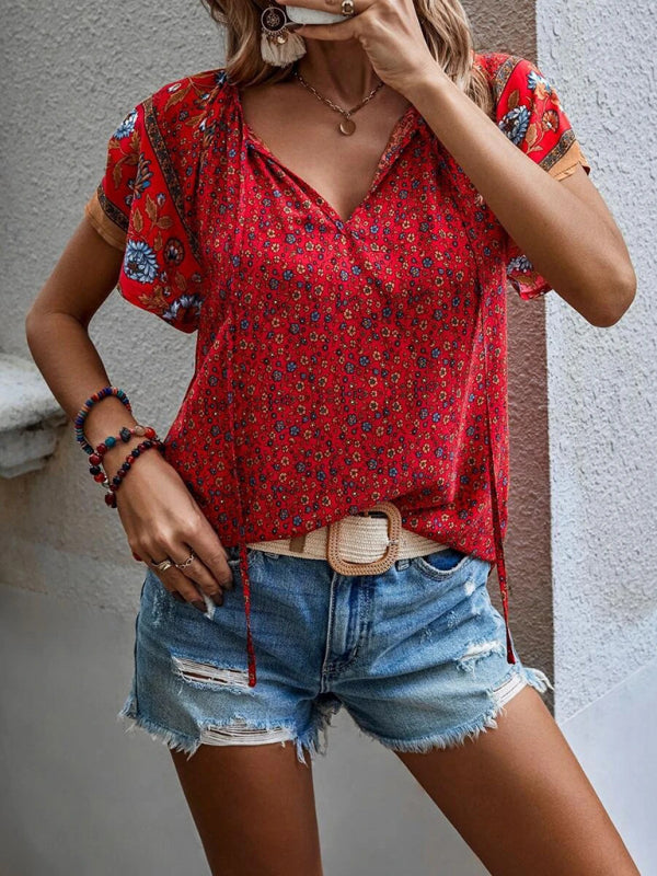 Boho Floral V-Neck Short Sleeve Loose Shirt