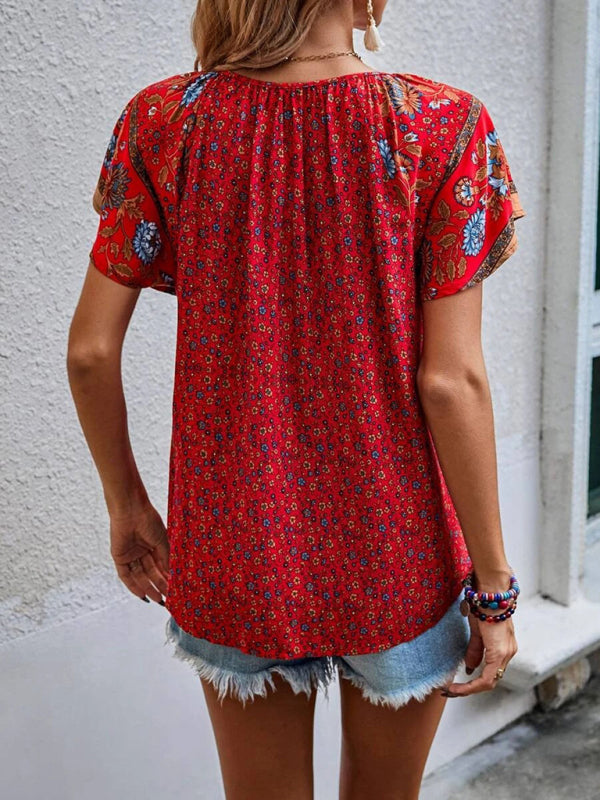 Boho Floral V-Neck Short Sleeve Loose Shirt