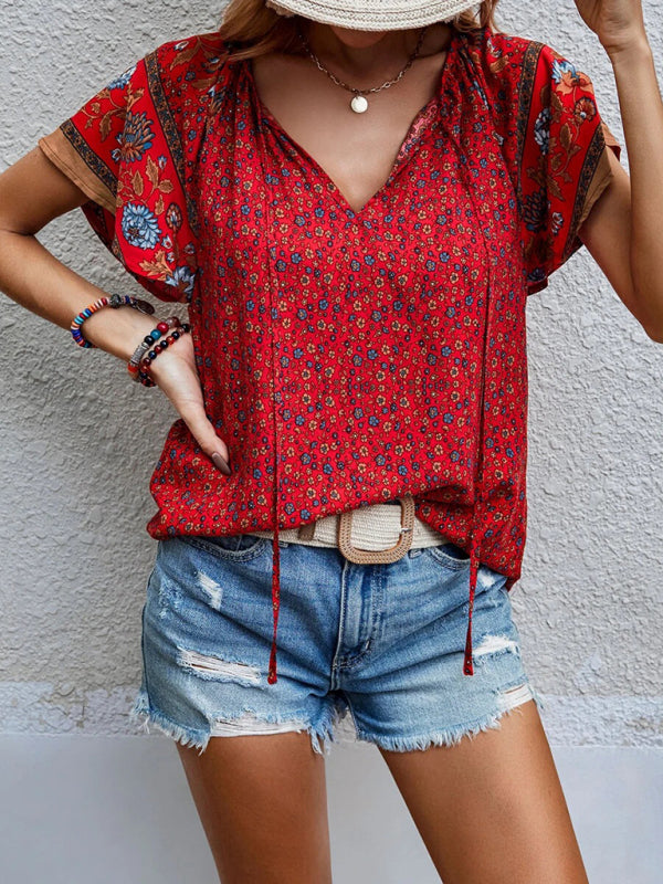Boho Floral V-Neck Short Sleeve Loose Shirt