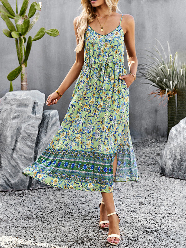 Floral Slit Suspender Maxi Dress – Bohemian Vacation Style