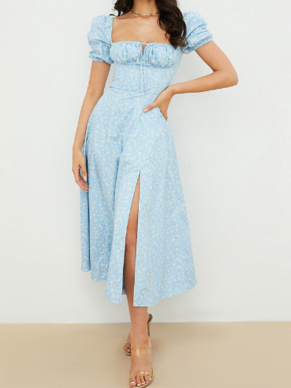 Floral Puff Sleeve Mini Dress – Tie Front, Square Neck & Romantic Style