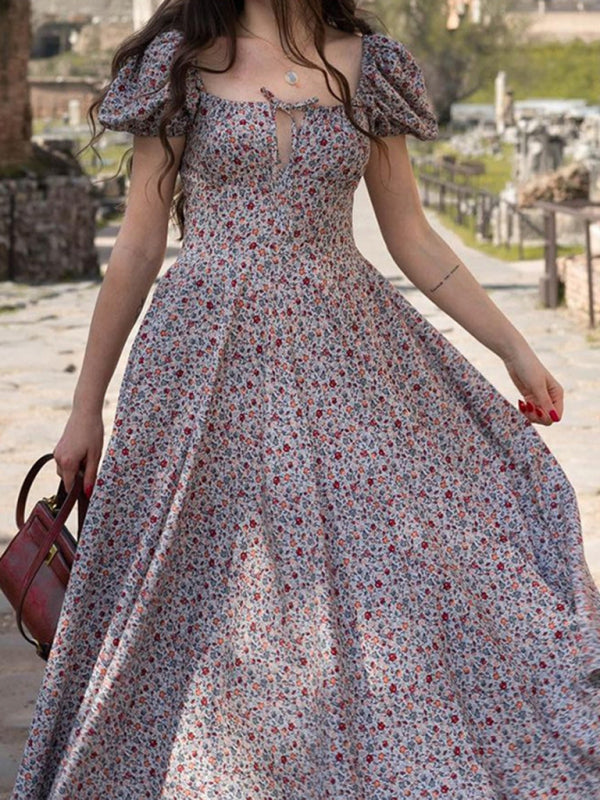 Floral Puff Sleeve Mini Dress – Tie Front, Square Neck & Romantic Style
