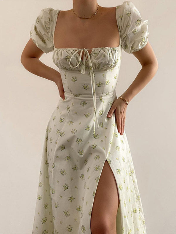 Floral Puff Sleeve Mini Dress – Tie Front, Square Neck & Romantic Style
