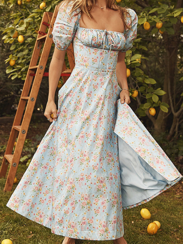 Floral Puff Sleeve Mini Dress – Tie Front, Square Neck & Romantic Style