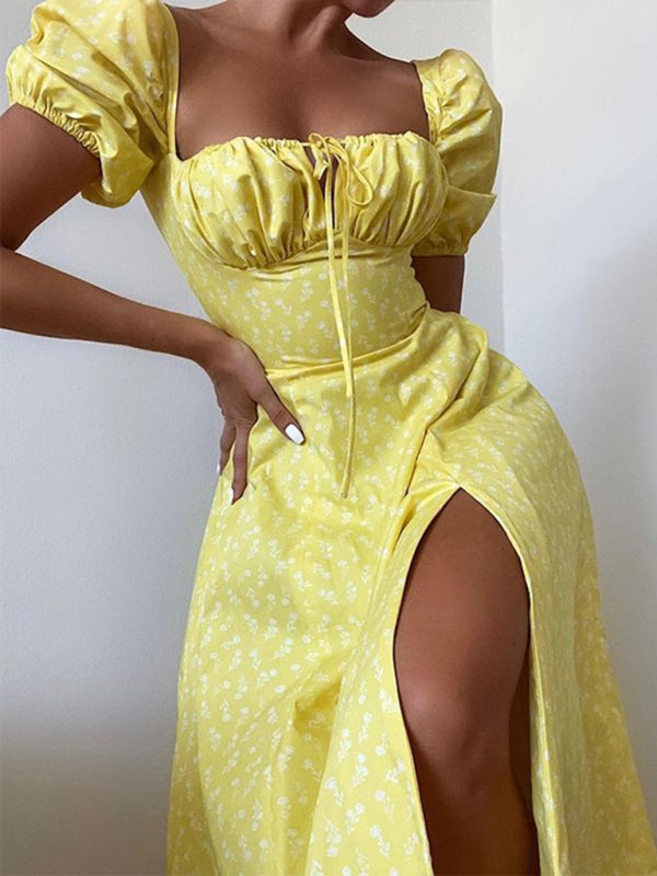 Floral Puff Sleeve Mini Dress – Tie Front, Square Neck & Romantic Style