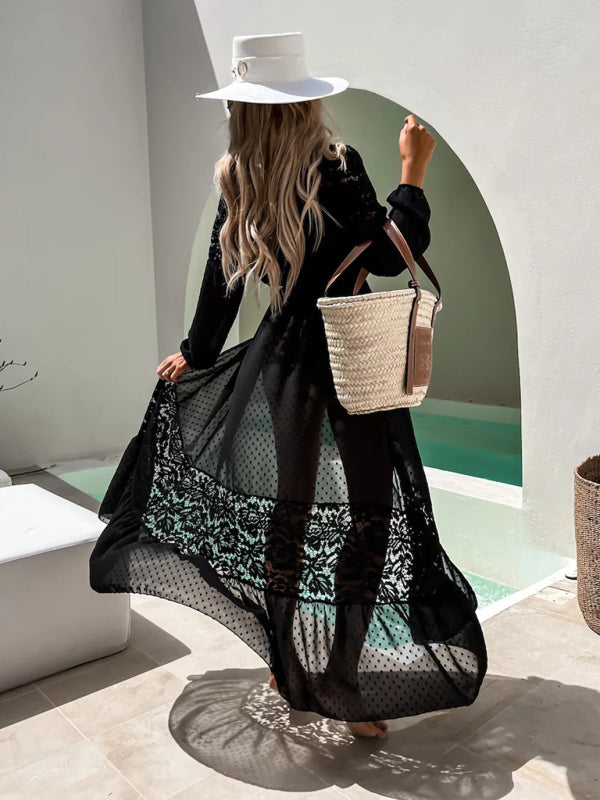 Chiffon Lace Long Sun Protection Cover-Up – Sheer V-Neck Beach Blouse