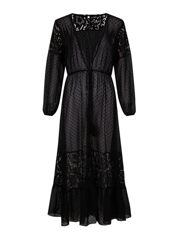 Chiffon Lace Long Sun Protection Cover-Up – Sheer V-Neck Beach Blouse
