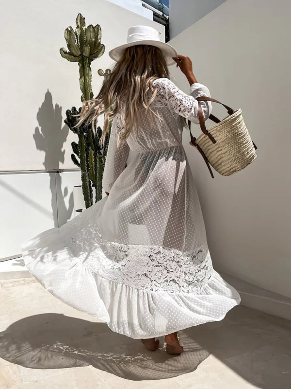 Chiffon Lace Long Sun Protection Cover-Up – Sheer V-Neck Beach Blouse