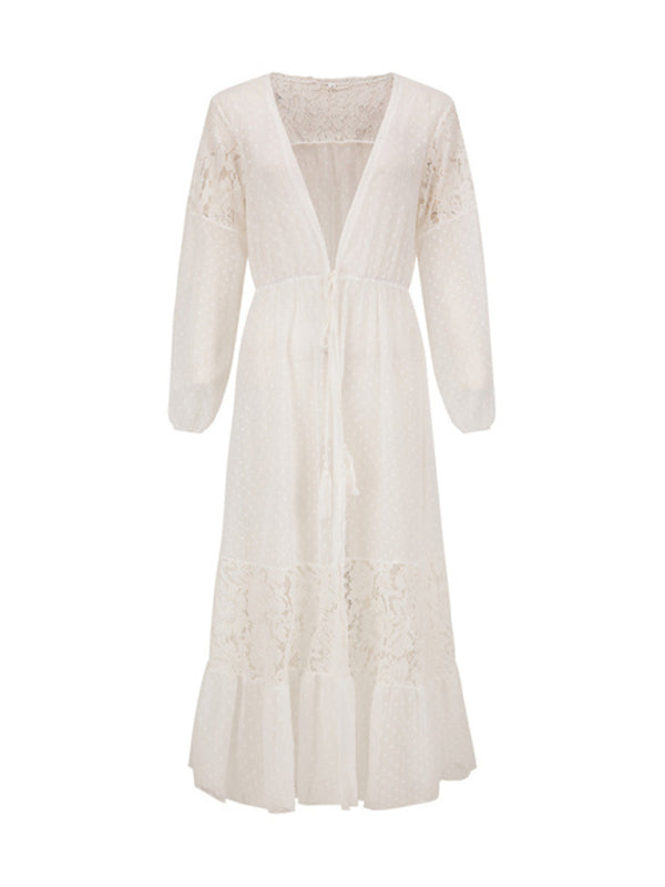 Chiffon Lace Long Sun Protection Cover-Up – Sheer V-Neck Beach Blouse