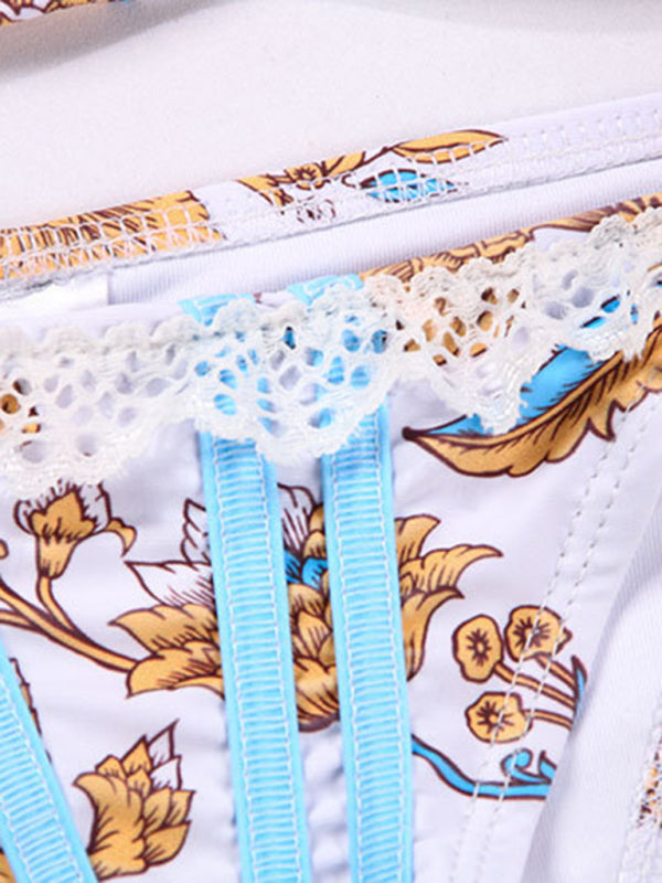 Boho Floral Lace-Up Knit Bikini Set – Adjustable Sexy Fit for Summer
