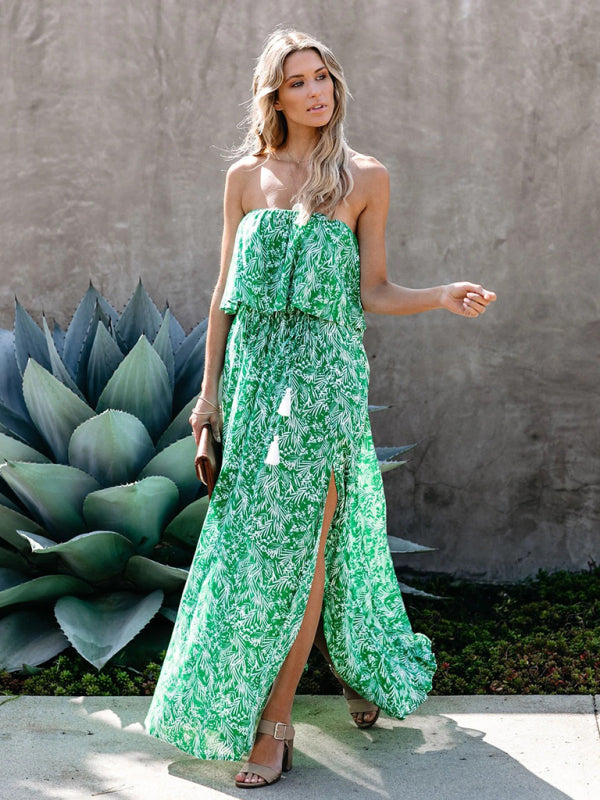 Leaf Print Off-Shoulder Ruffle Maxi Dress – Slit Detail, Boho Style
