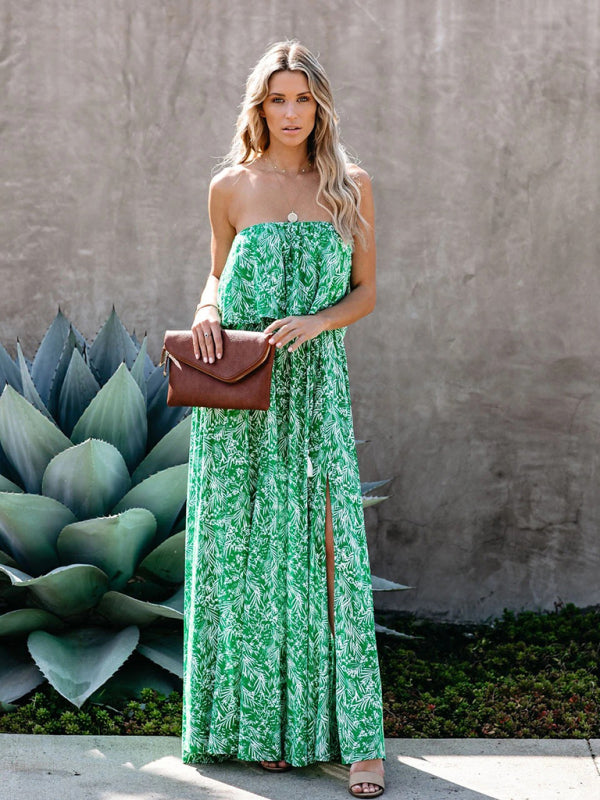 Leaf Print Off-Shoulder Ruffle Maxi Dress – Slit Detail, Boho Style