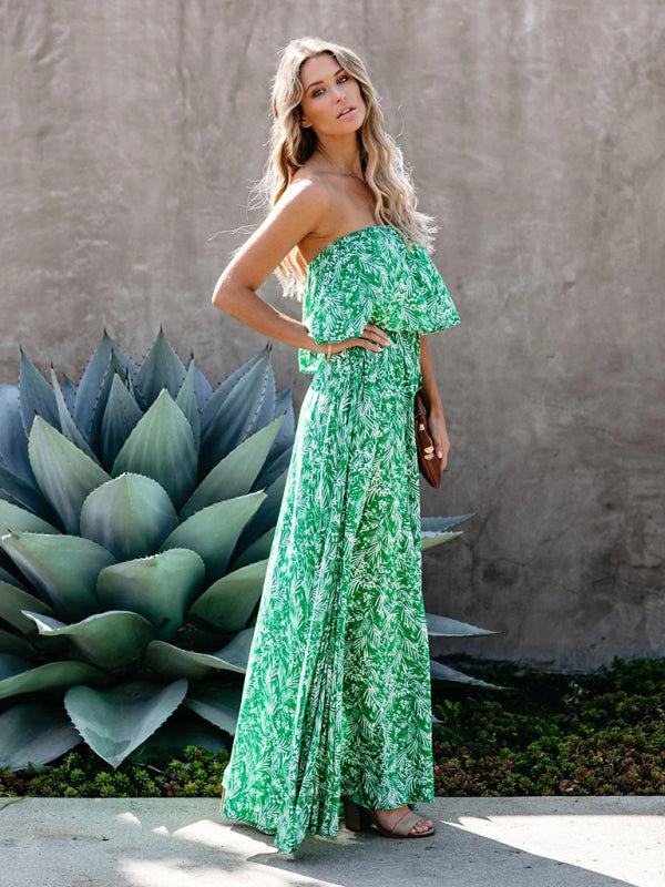 Leaf Print Off-Shoulder Ruffle Maxi Dress – Slit Detail, Boho Style
