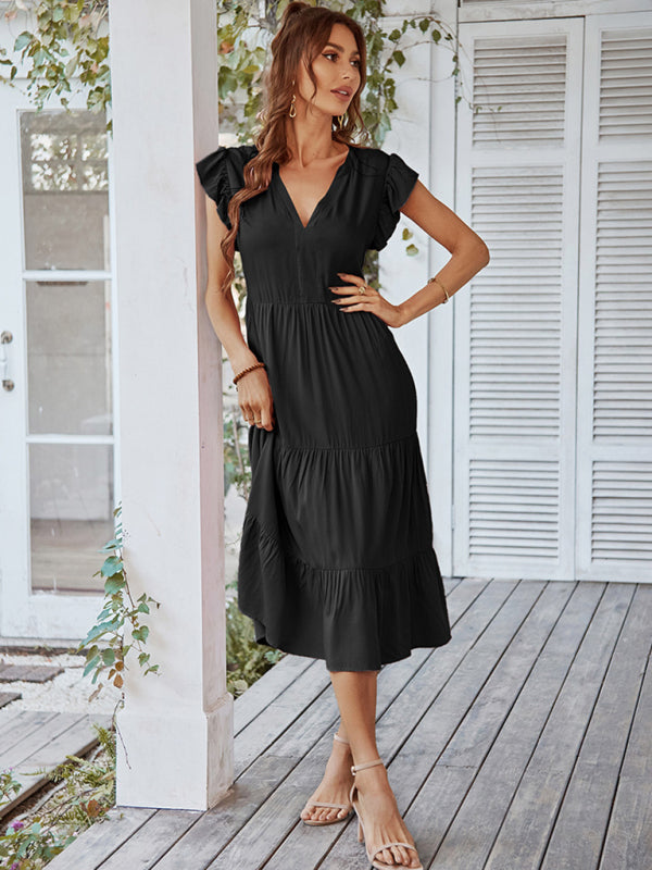 Romantic V-Neck Sleeveless Dress – Lightweight Viscose, Flying Sleeves