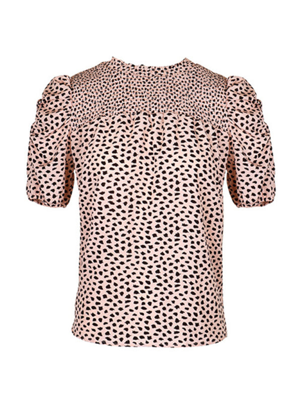 Women's Woven Casual Fashion Leopard Print Round Neck Short Sleeve Shirt
