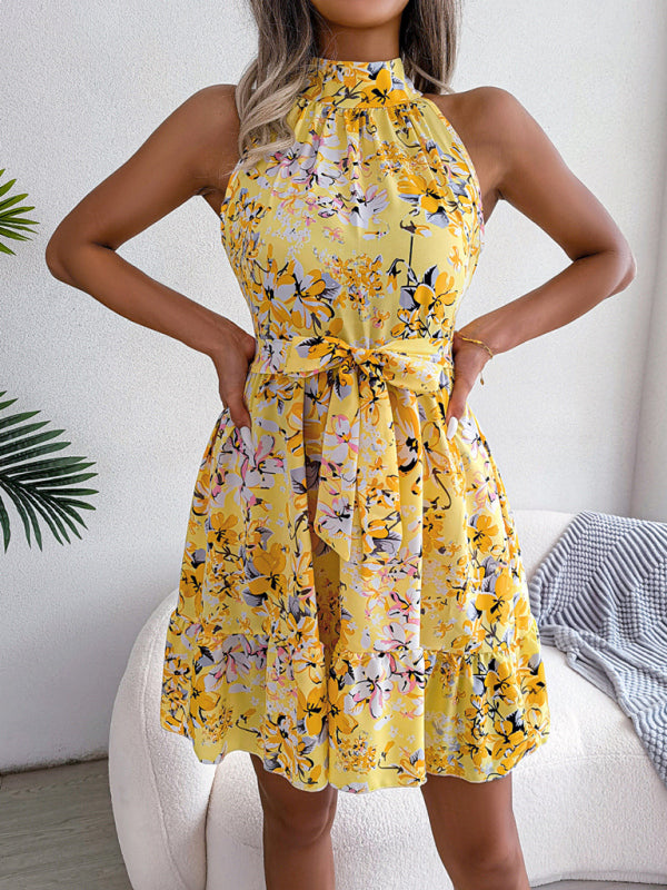 Elegant Lace-Up Ruffled Floral Dress – Romantic Woven Sleeveless Midi