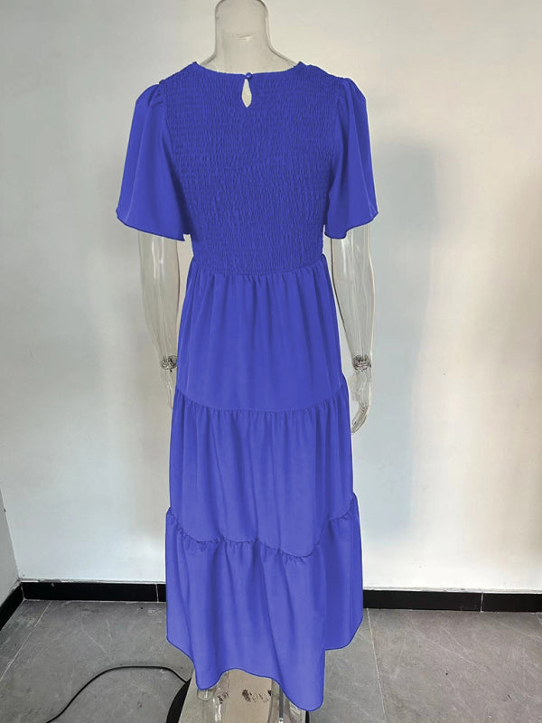 Women's Pleated Solid Color Sleeveless Resort Dress – Round Neck, Flowy Fit