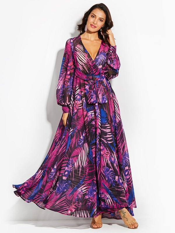 Leaf Print Lantern Sleeve V-Neck Swing Dress – Lightweight & Flowy Fit