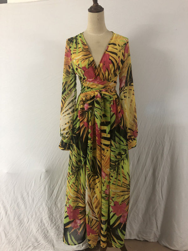 Leaf Print Lantern Sleeve V-Neck Swing Dress – Lightweight & Flowy Fit