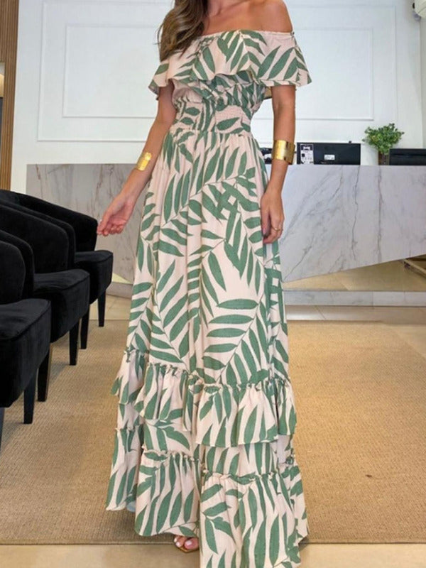 One-Shoulder Leaf Print Holiday Maxi Dress – Boho Summer Style