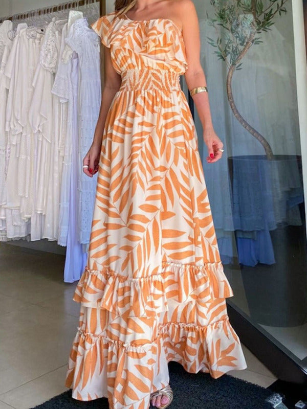 One-Shoulder Leaf Print Holiday Maxi Dress – Boho Summer Style