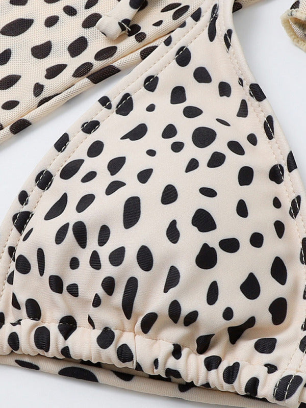 Leopard Print 3-Piece Bikini Set with Mesh Jacket – Long Sleeve Swimwear