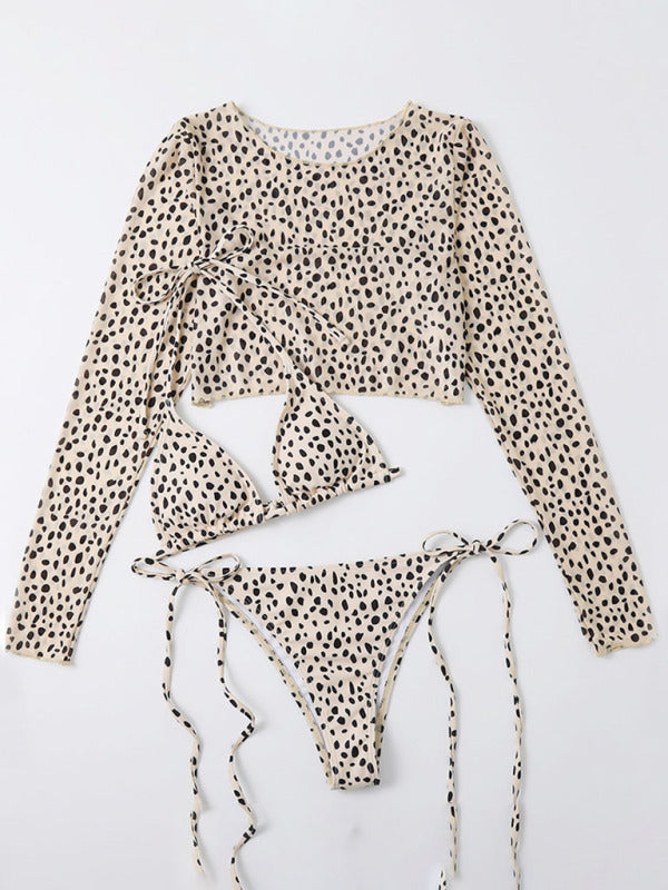Leopard Print 3-Piece Bikini Set with Mesh Jacket – Long Sleeve Swimwear