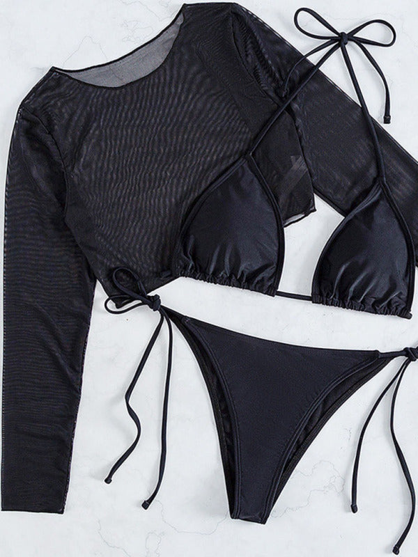 Leopard Print 3-Piece Bikini Set with Mesh Jacket – Long Sleeve Swimwear