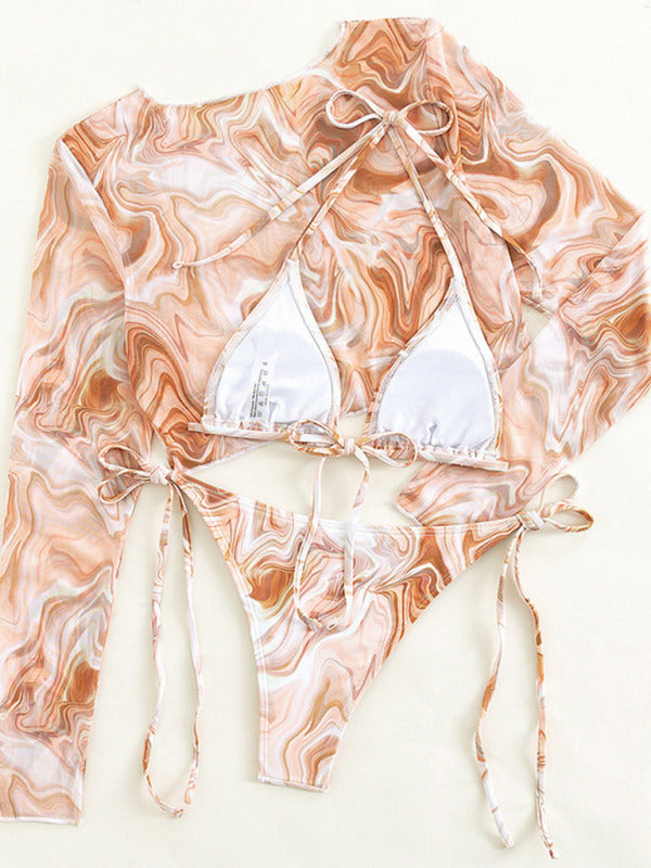 Leopard Print 3-Piece Bikini Set with Mesh Jacket – Long Sleeve Swimwear