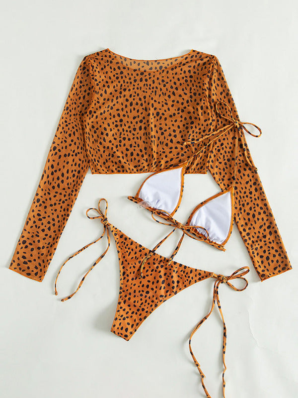Leopard Print 3-Piece Bikini Set with Mesh Jacket – Long Sleeve Swimwear