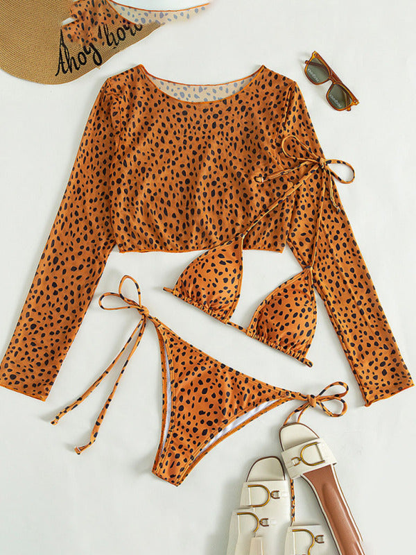 Leopard Print 3-Piece Bikini Set with Mesh Jacket – Long Sleeve Swimwear