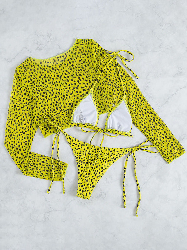 Leopard Print 3-Piece Bikini Set with Mesh Jacket – Long Sleeve Swimwear