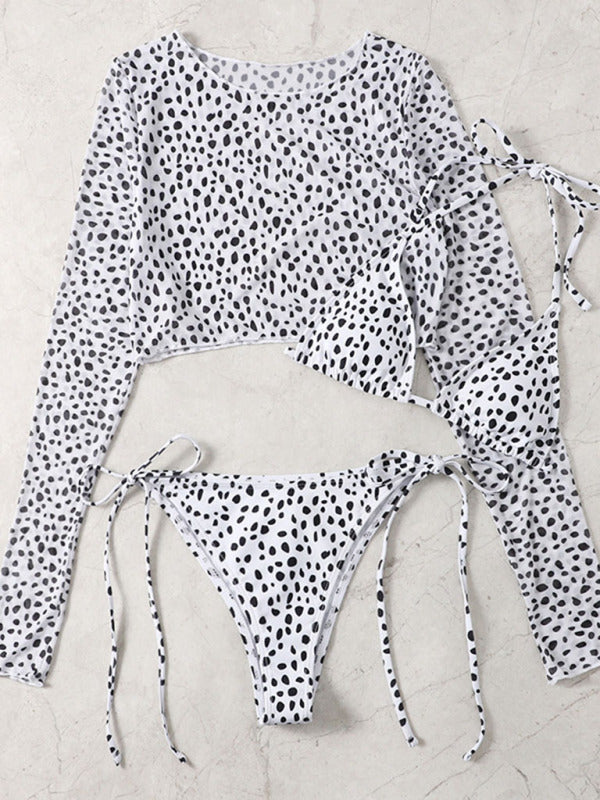 Leopard Print 3-Piece Bikini Set with Mesh Jacket – Long Sleeve Swimwear