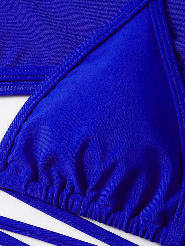 Three-Piece Mesh Sleeve Bikini Set – Solid Color with Long-Sleeve Jacket