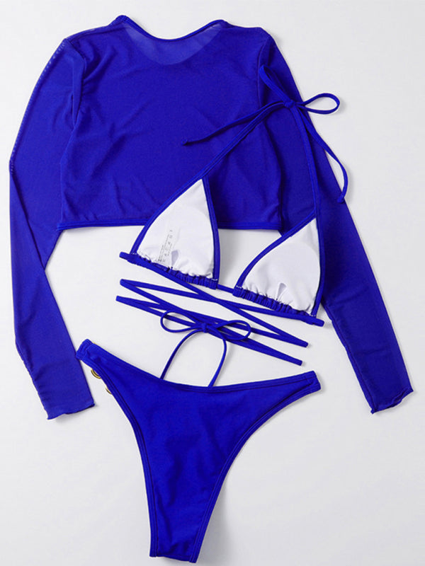 Three-Piece Mesh Sleeve Bikini Set – Solid Color with Long-Sleeve Jacket