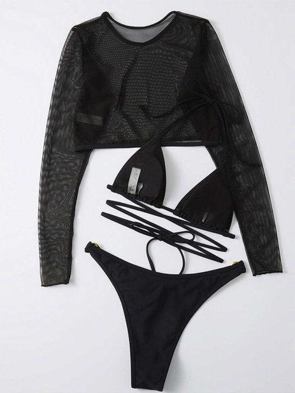 Three-Piece Mesh Sleeve Bikini Set – Solid Color with Long-Sleeve Jacket