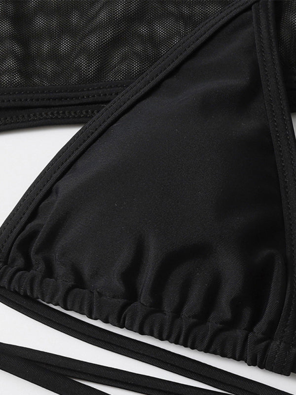Three-Piece Mesh Sleeve Bikini Set – Solid Color with Long-Sleeve Jacket