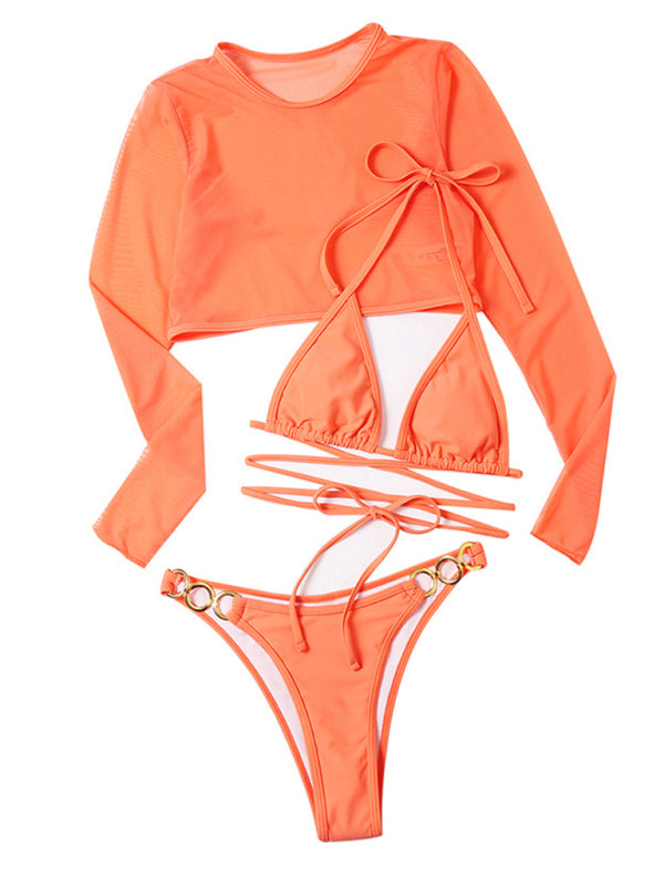 Three-Piece Mesh Sleeve Bikini Set – Solid Color with Long-Sleeve Jacket