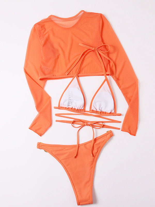 Three-Piece Mesh Sleeve Bikini Set – Solid Color with Long-Sleeve Jacket