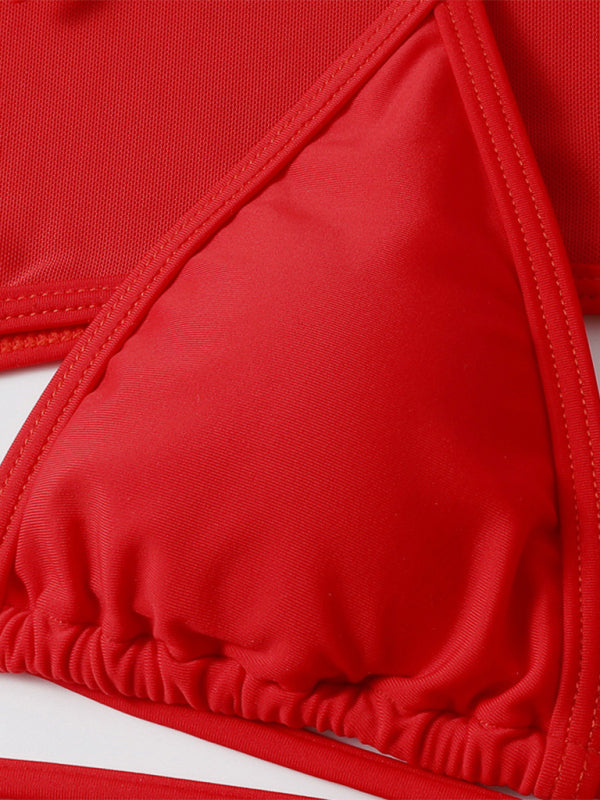 Three-Piece Mesh Sleeve Bikini Set – Solid Color with Long-Sleeve Jacket