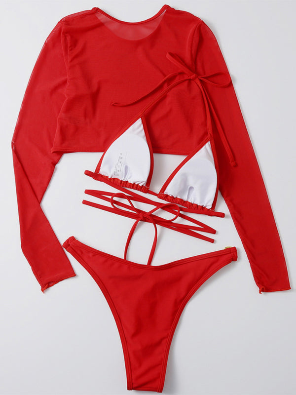 Three-Piece Mesh Sleeve Bikini Set – Solid Color with Long-Sleeve Jacket