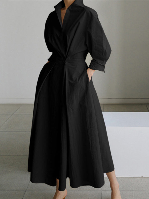 Elegant Sleeveless Shirt Dress – Lapel Collar & Seam Pockets, Solid Color