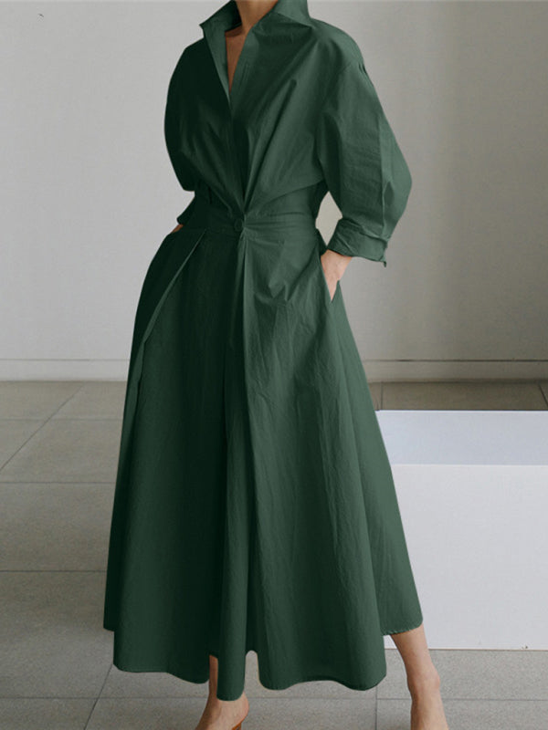 Elegant Sleeveless Shirt Dress – Lapel Collar & Seam Pockets, Solid Color