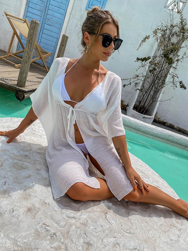 Sheer Slit Tie Front Beach Cover-Up – Lightweight White Cardigan