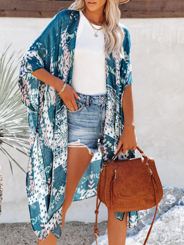 Mid-Length Chiffon Beach Cover-Up – Printed Slit Design, Lightweight & Breezy