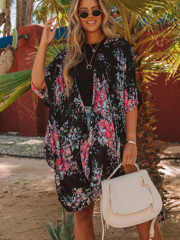 Mid-Length Chiffon Beach Cover-Up – Printed Slit Design, Lightweight & Breezy