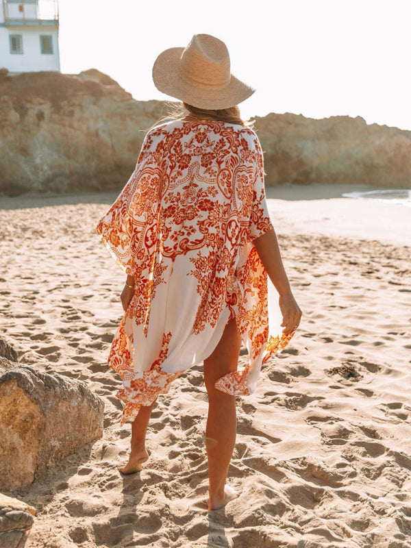 Mid-Length Chiffon Beach Cover-Up – Printed Slit Design, Lightweight & Breezy