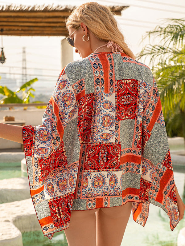 Boho Short Kimono Beach Cover Up – Sunshade Cardigan Wrap in Red