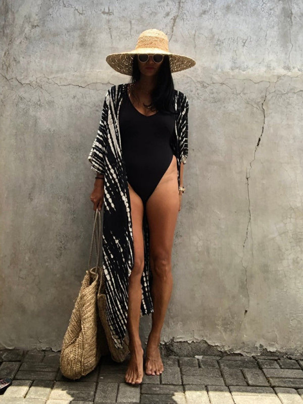 Rayon Tie-Dye Beach Cover-Up – Boho Graphic Print Sunscreen Cardigan
