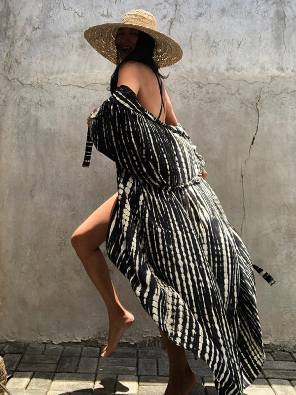 Rayon Tie-Dye Beach Cover-Up – Boho Graphic Print Sunscreen Cardigan